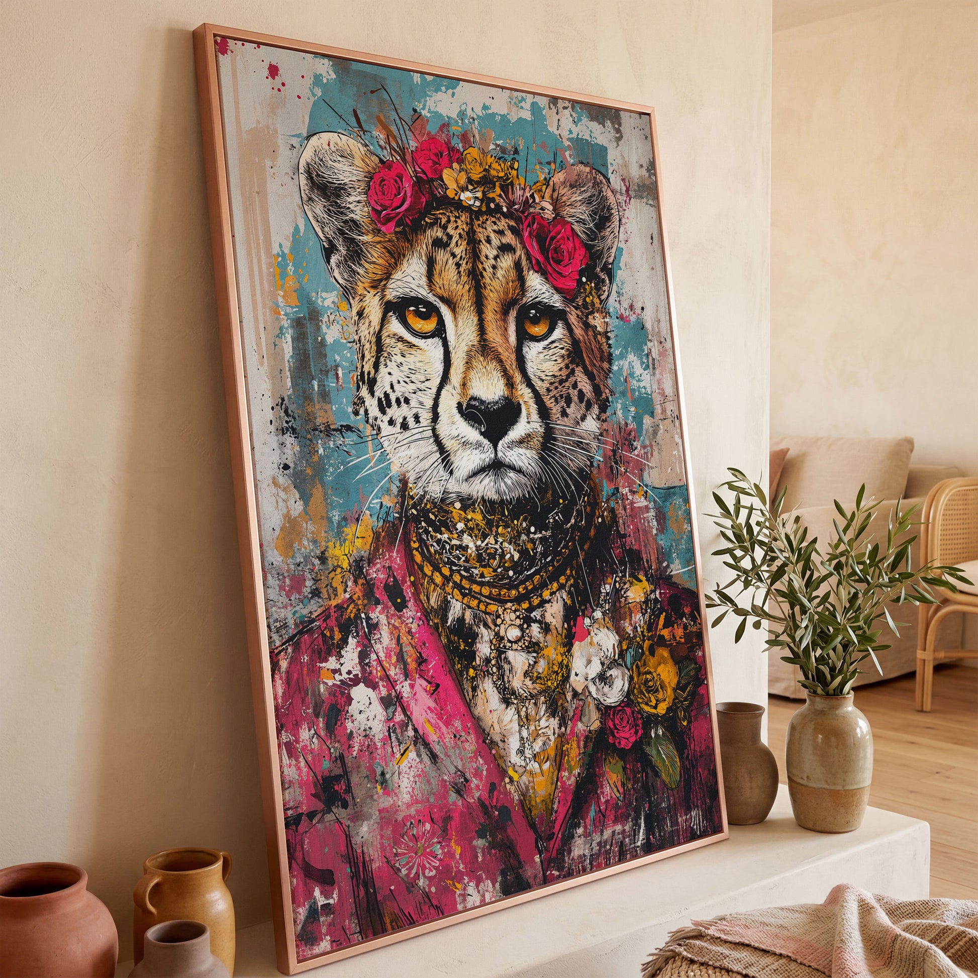 Colorful Abstract Cheetah with Floral Crown Canvas in rose gold floating frame