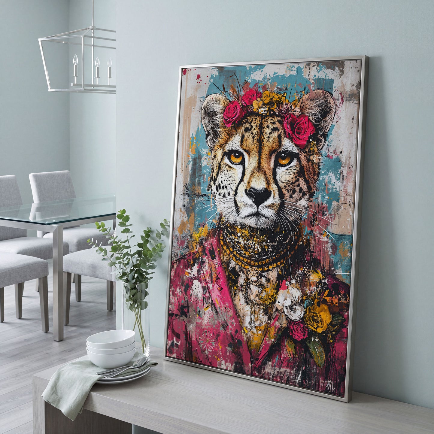 Colorful Abstract Cheetah with Floral Crown Canvas in silver floating frame