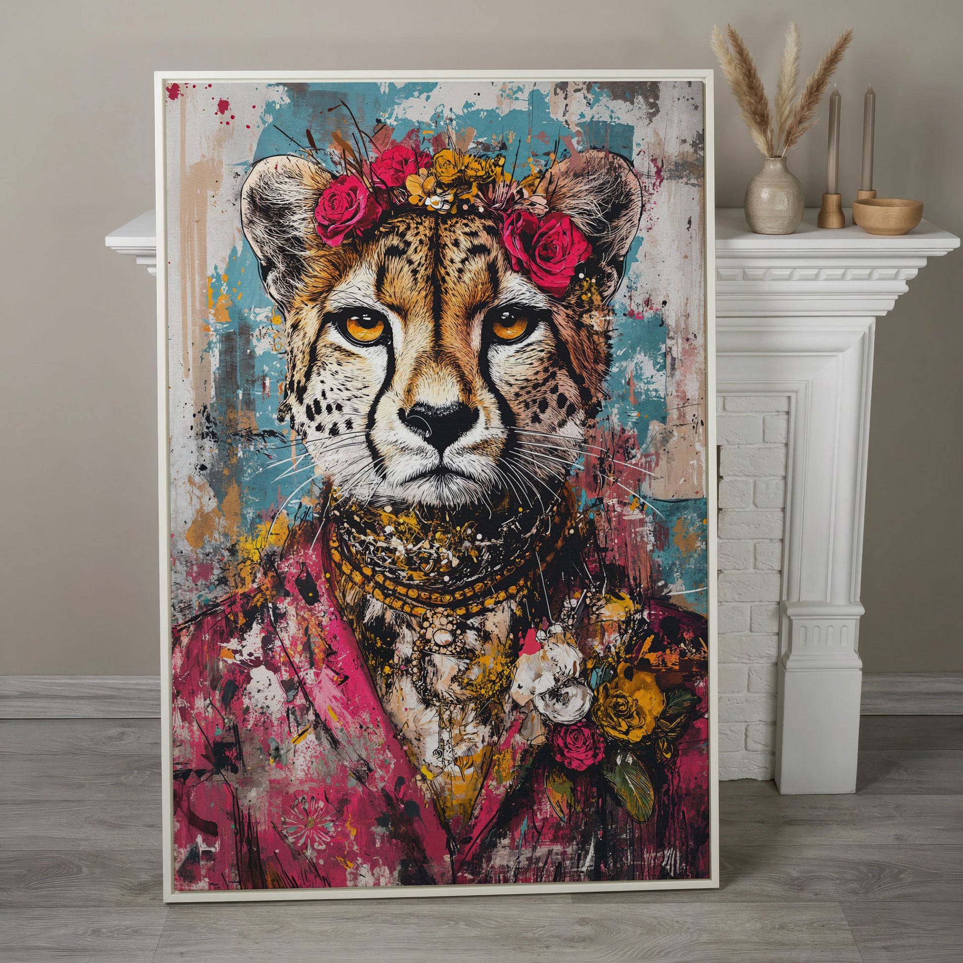Colorful Abstract Cheetah with Floral Crown Canvas in white floating frame