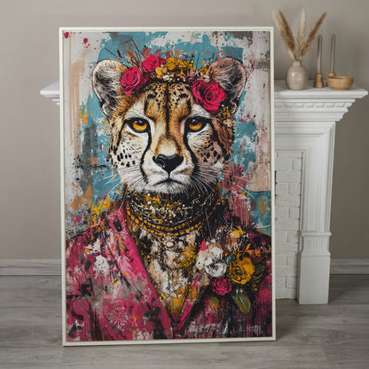 Colorful Abstract Cheetah with Floral Crown Canvas in white floating frame