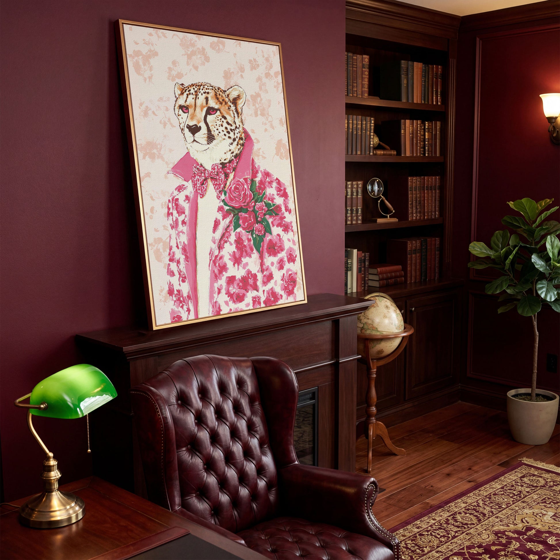 Pink Cheetah in Floral Suit Canvas in antique gold floating frame