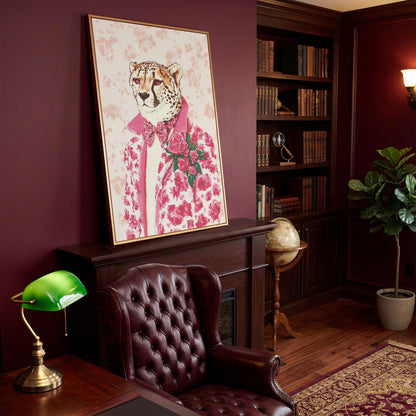 Pink Cheetah in Floral Suit Canvas in antique gold floating frame
