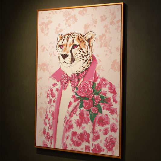 Pink Cheetah in Floral Suit Canvas shown in antique gold floating frame