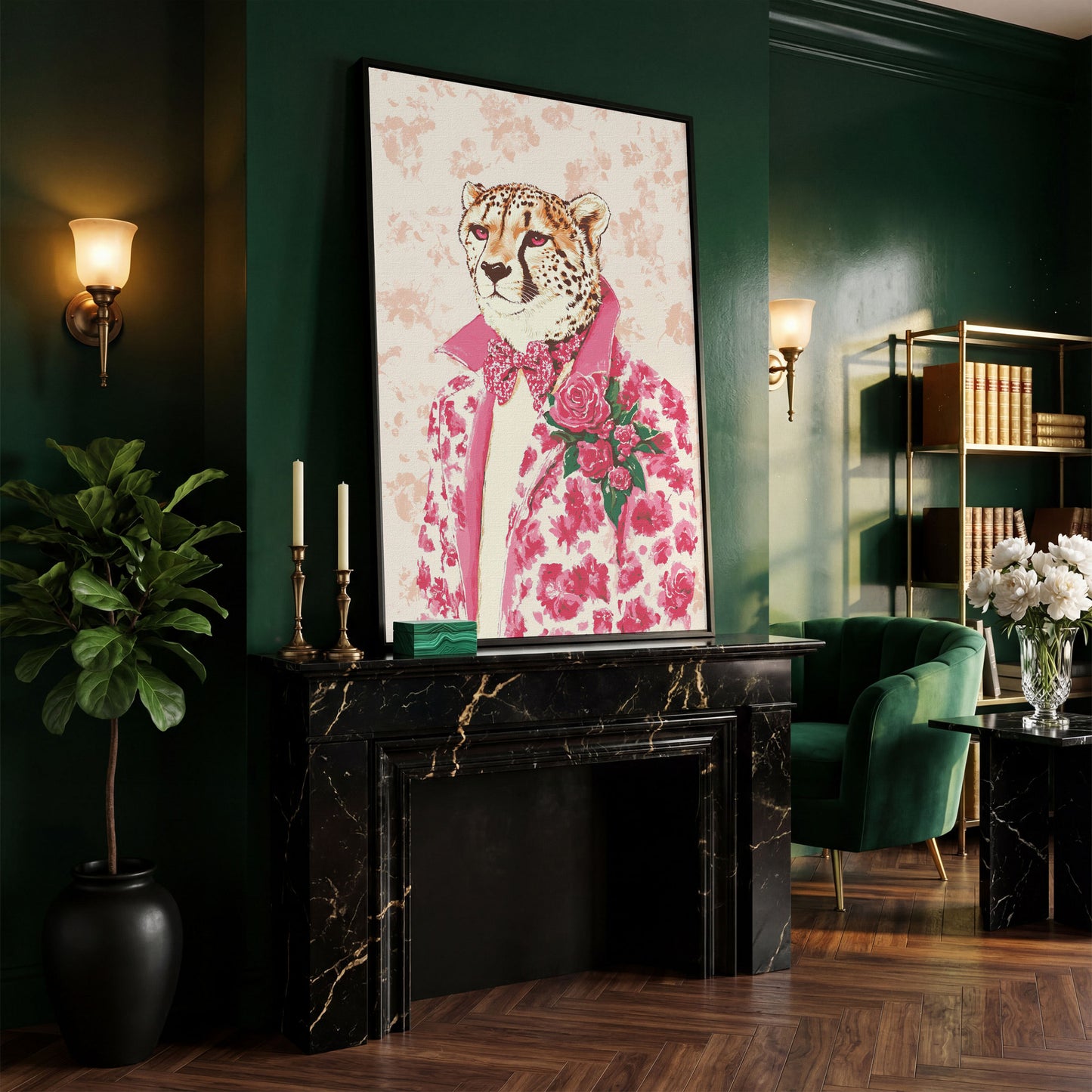 Pink Cheetah in Floral Suit Canvas in black floating frame