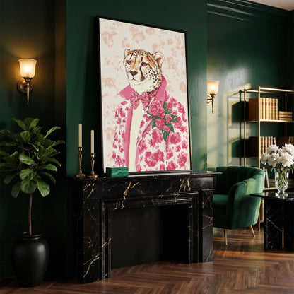 Pink Cheetah in Floral Suit Canvas in black floating frame