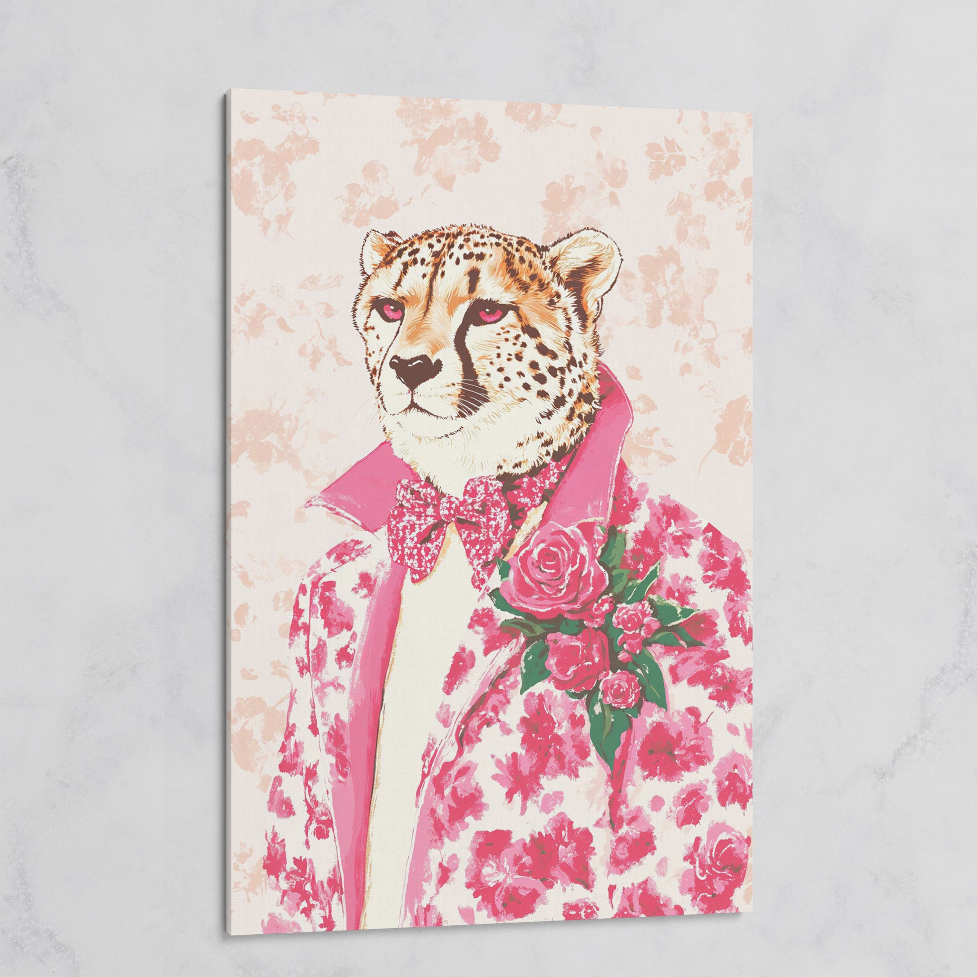 Pink Cheetah in Floral Suit Canvas on gallery wrap