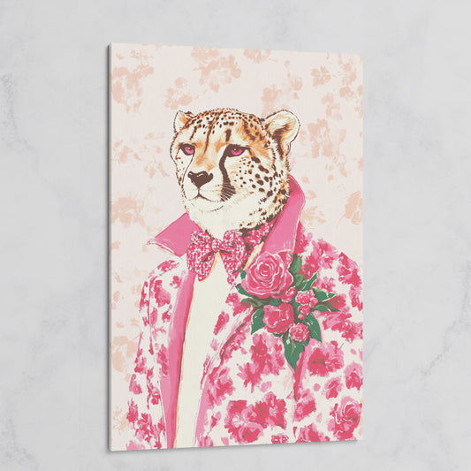 Pink Cheetah in Floral Suit Canvas on gallery wrap