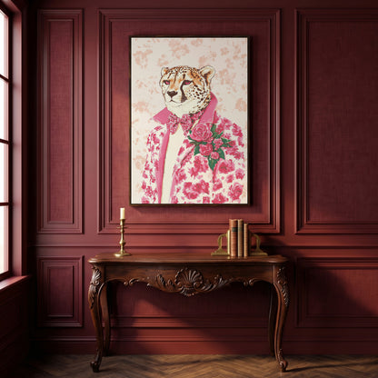 Pink Cheetah in Floral Suit Canvas in dark walnut floating frame