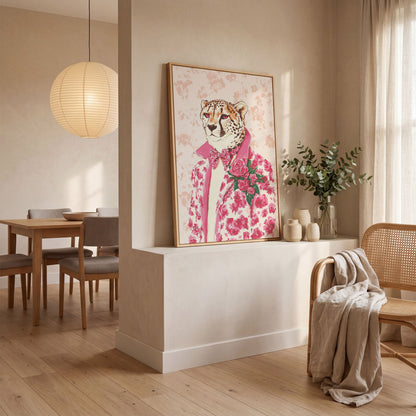 Pink Cheetah in Floral Suit Canvas in white oak floating frame
