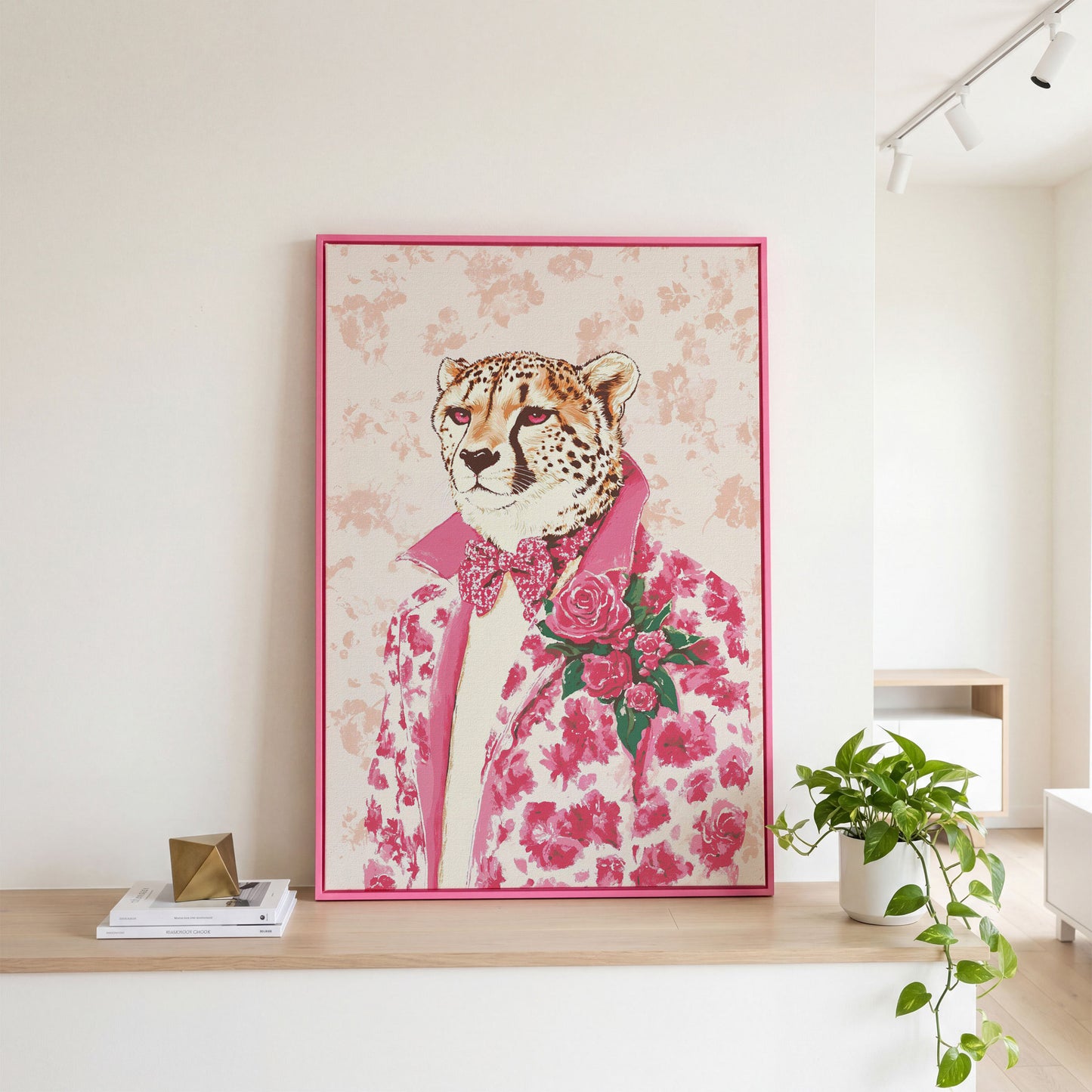 Pink Cheetah in Floral Suit Canvas in pink floating frame