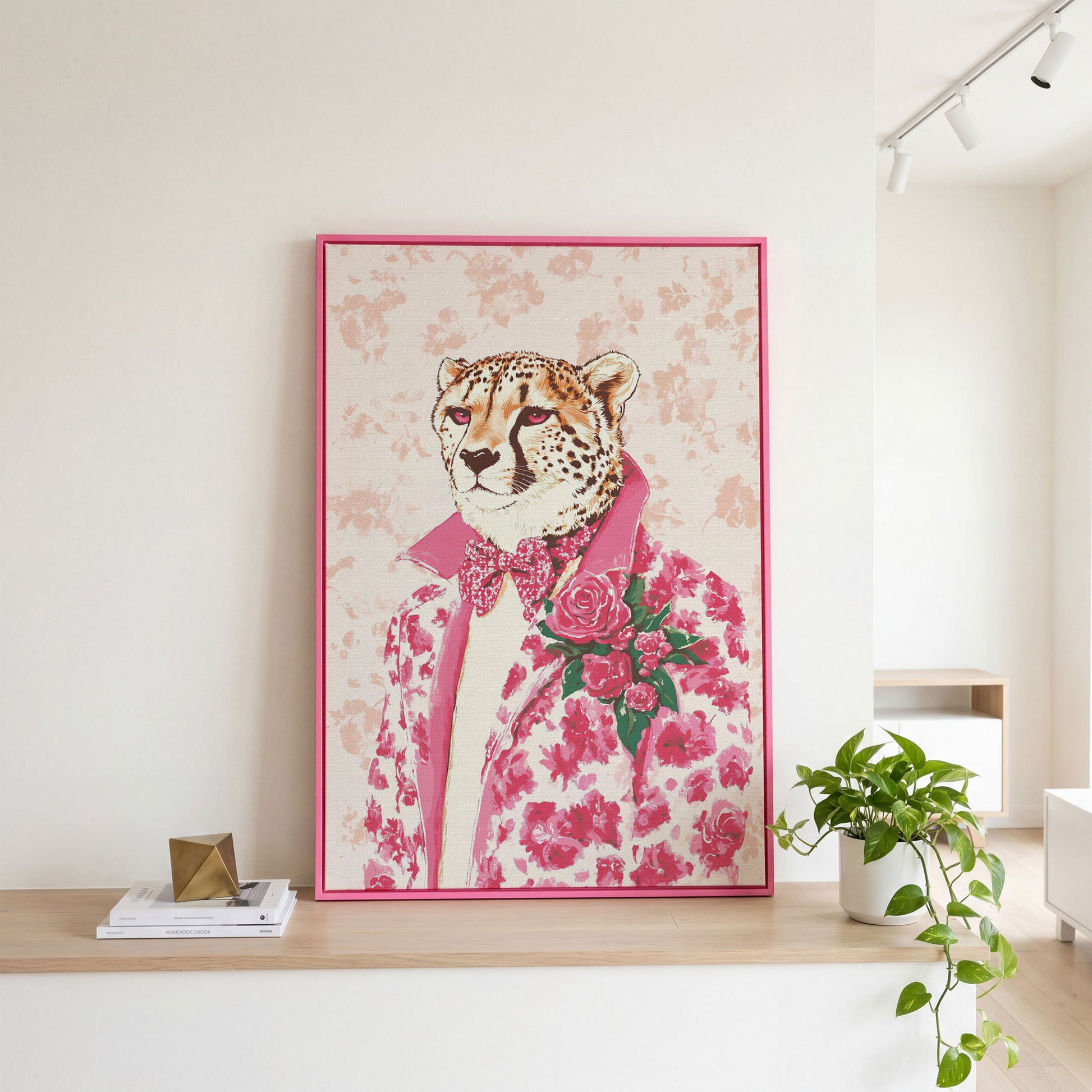 Pink Cheetah in Floral Suit Canvas in pink floating frame