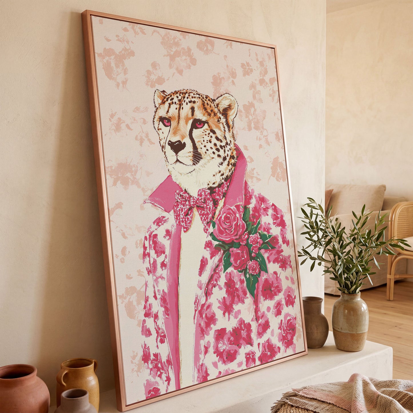 Pink Cheetah in Floral Suit Canvas in rose gold floating frame