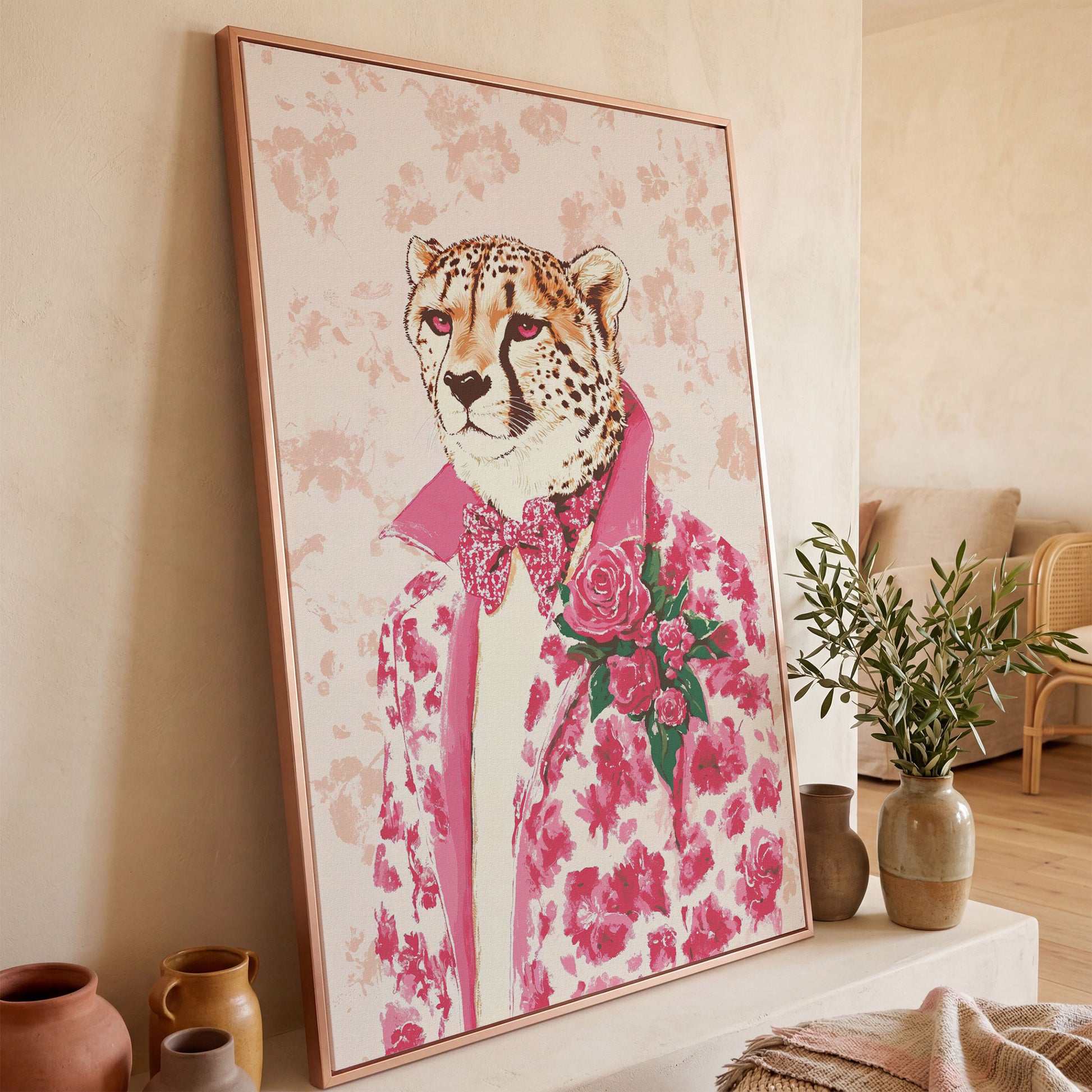 Pink Cheetah in Floral Suit Canvas in rose gold floating frame