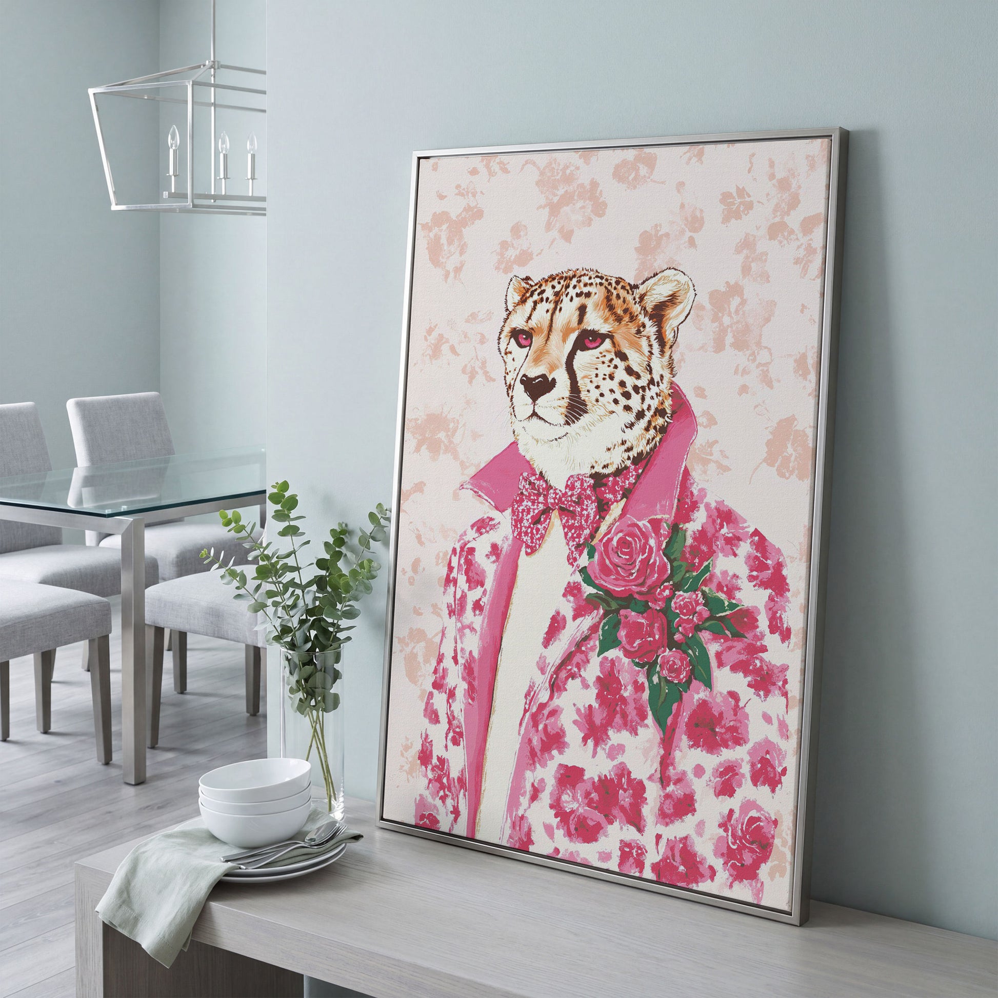 Pink Cheetah in Floral Suit Canvas in silver floating frame