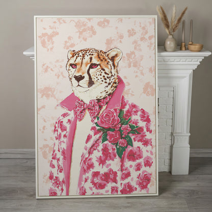 Pink Cheetah in Floral Suit Canvas in white floating frame