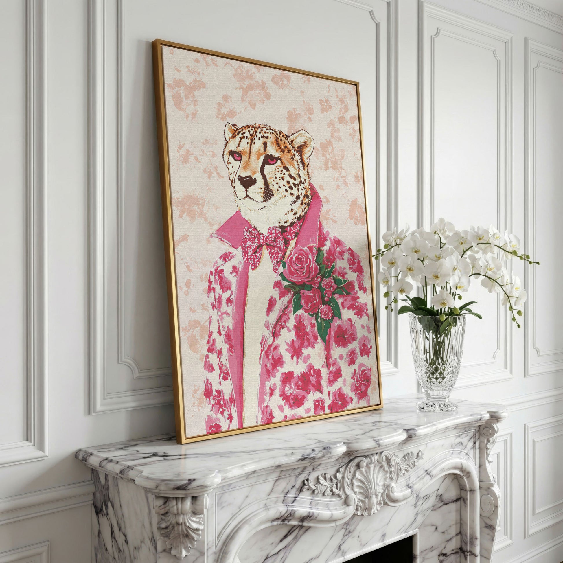 Pink Cheetah in Floral Suit Canvas in yellow gold floating frame