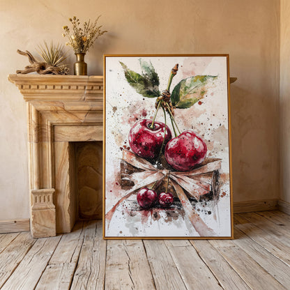 Cherry Cluster Watercolor Canvas in antique gold floating frame