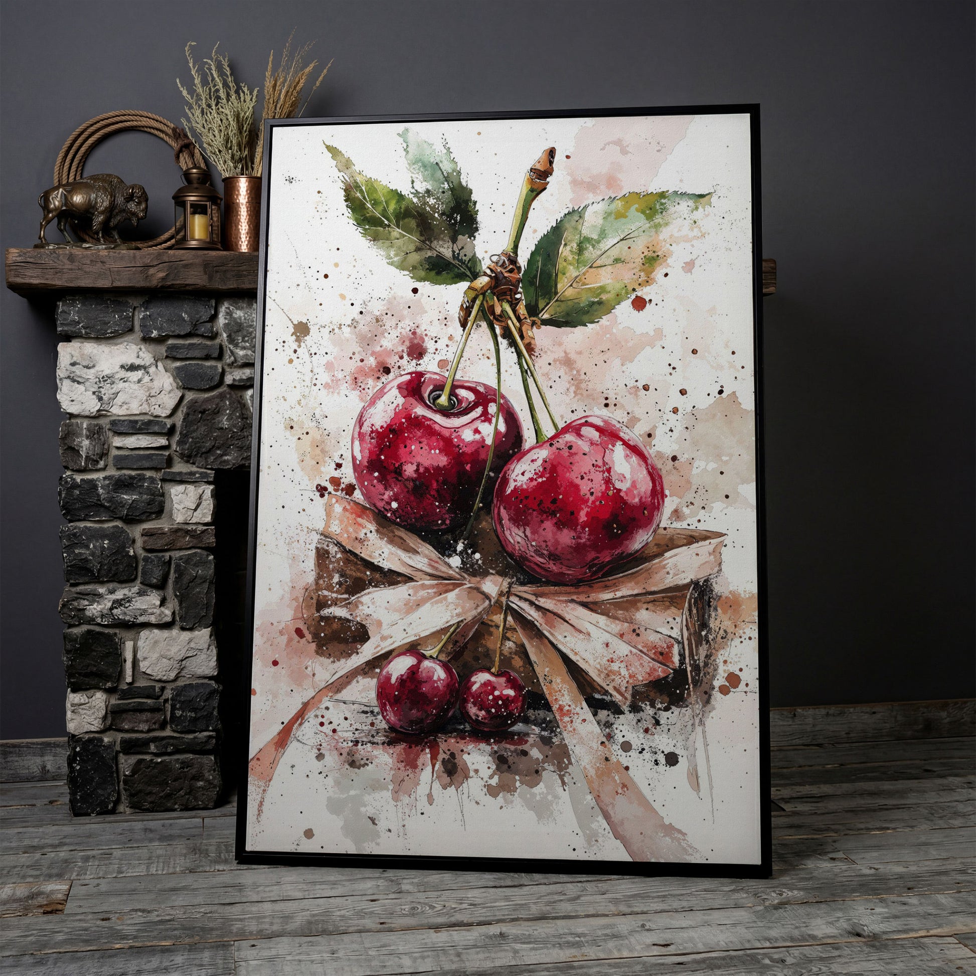 Cherry Cluster Watercolor Canvas in black floating frame