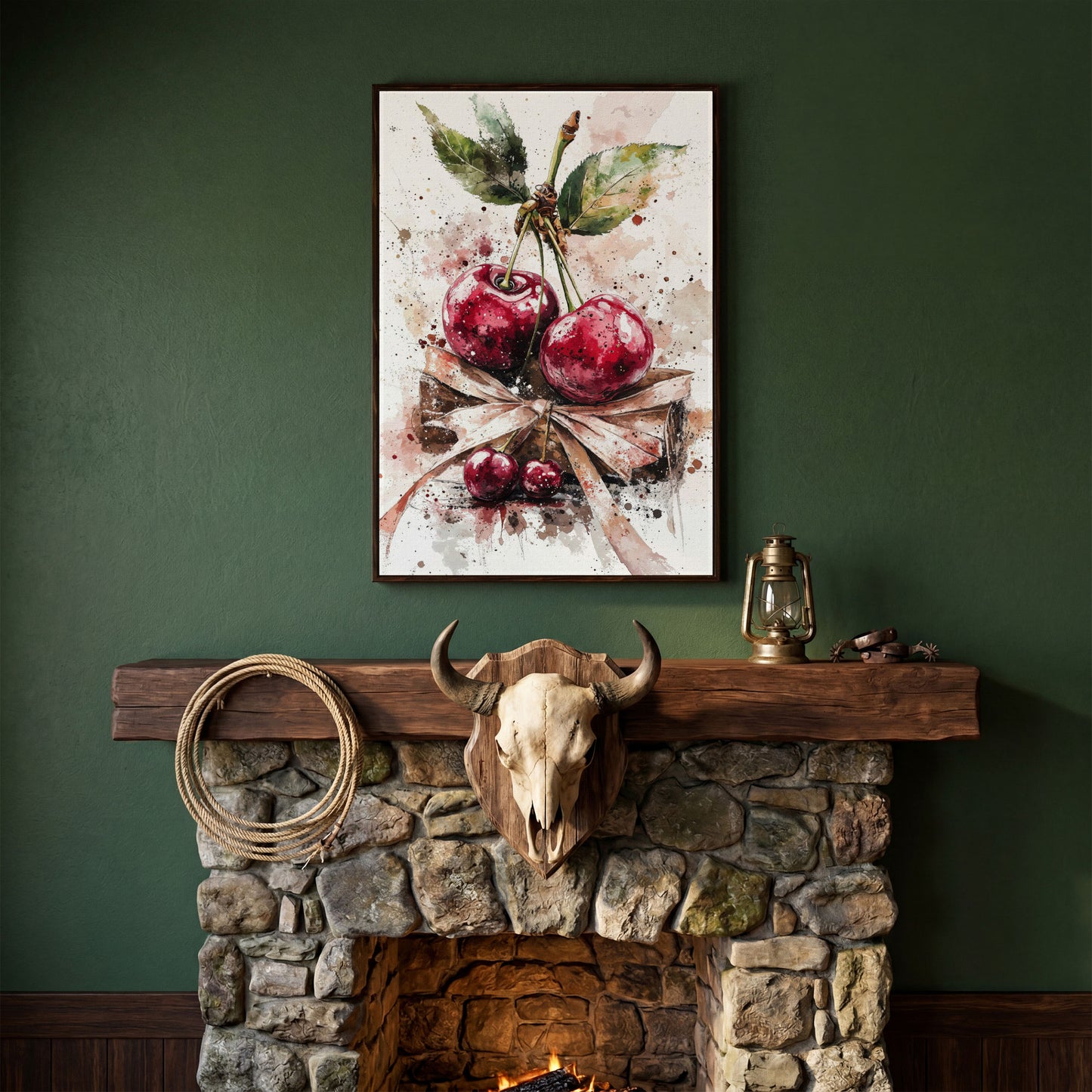 Cherry Cluster Watercolor Canvas in dark walnut floating frame