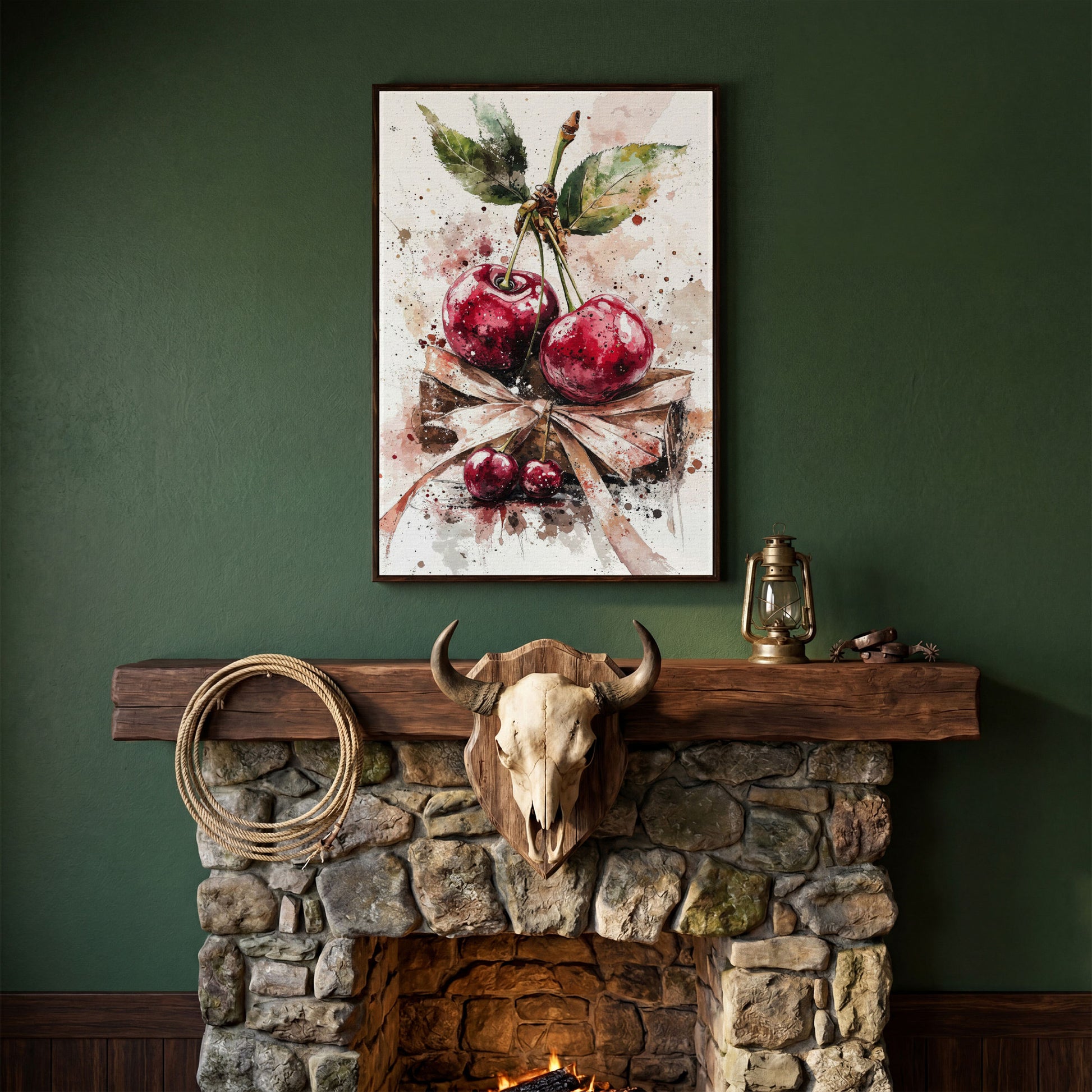 Cherry Cluster Watercolor Canvas in dark walnut floating frame