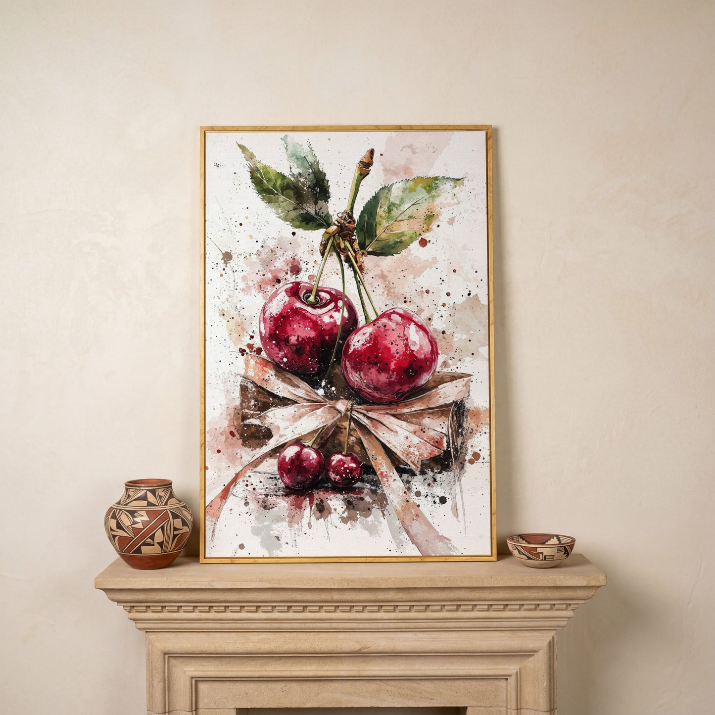 Cherry Cluster Watercolor Canvas in white oak floating frame