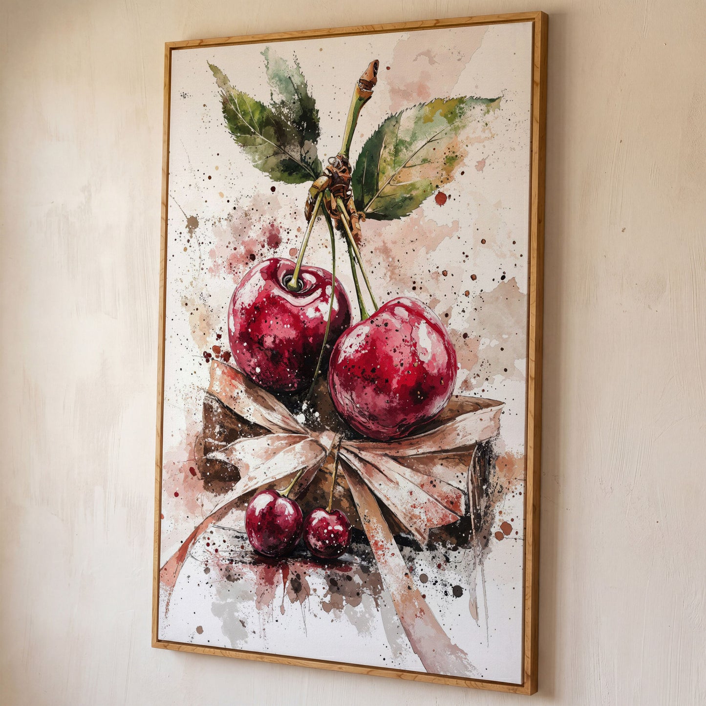 Cherry Cluster Watercolor Canvas shown in white oak floating frame