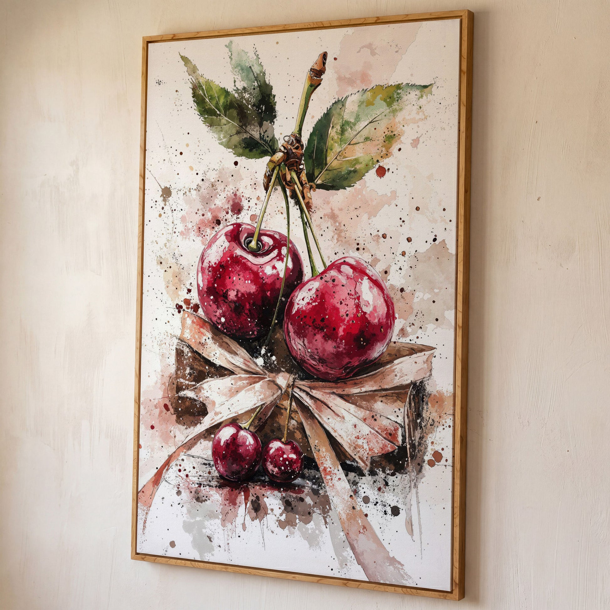 Cherry Cluster Watercolor Canvas shown in white oak floating frame