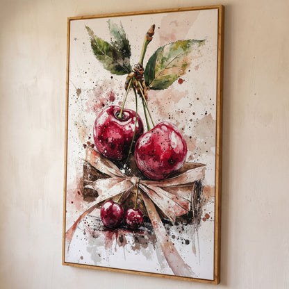 Cherry Cluster Watercolor Canvas shown in white oak floating frame
