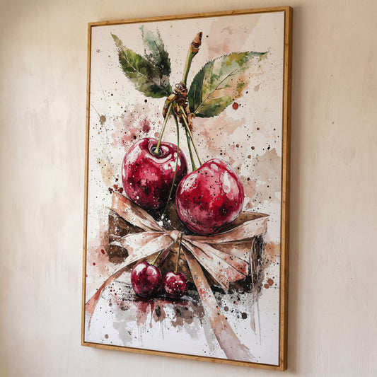 Cherry Cluster Watercolor Canvas shown in white oak floating frame