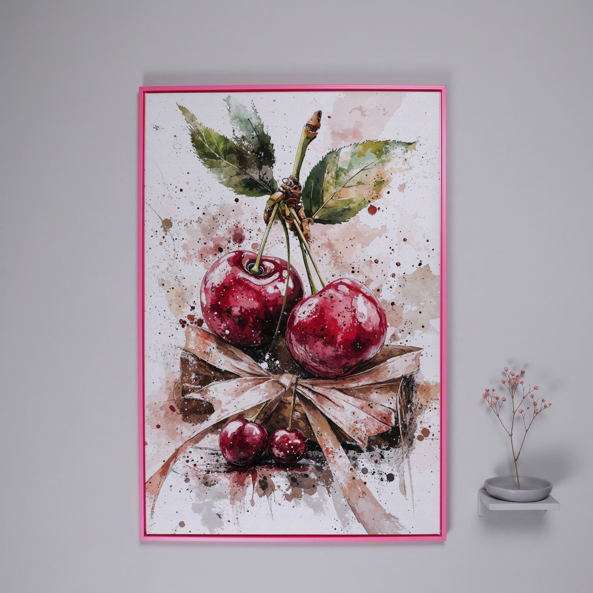 Cherry Cluster Watercolor Canvas in pink floating frame