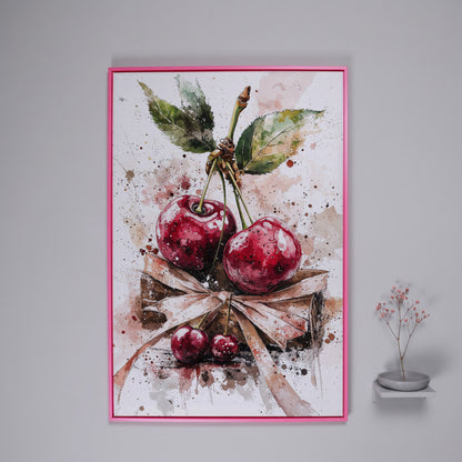 Cherry Cluster Watercolor Canvas in pink floating frame