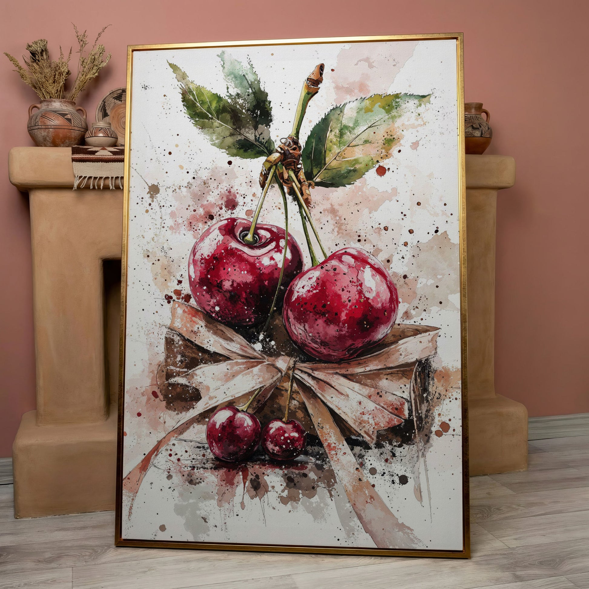 Cherry Cluster Watercolor Canvas in rose gold floating frame