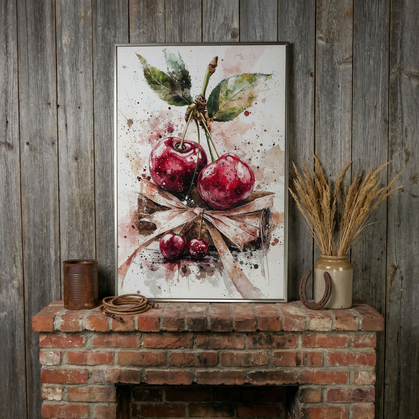 Cherry Cluster Watercolor Canvas in silver floating frame