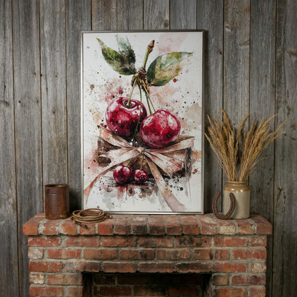 Cherry Cluster Watercolor Canvas in silver floating frame