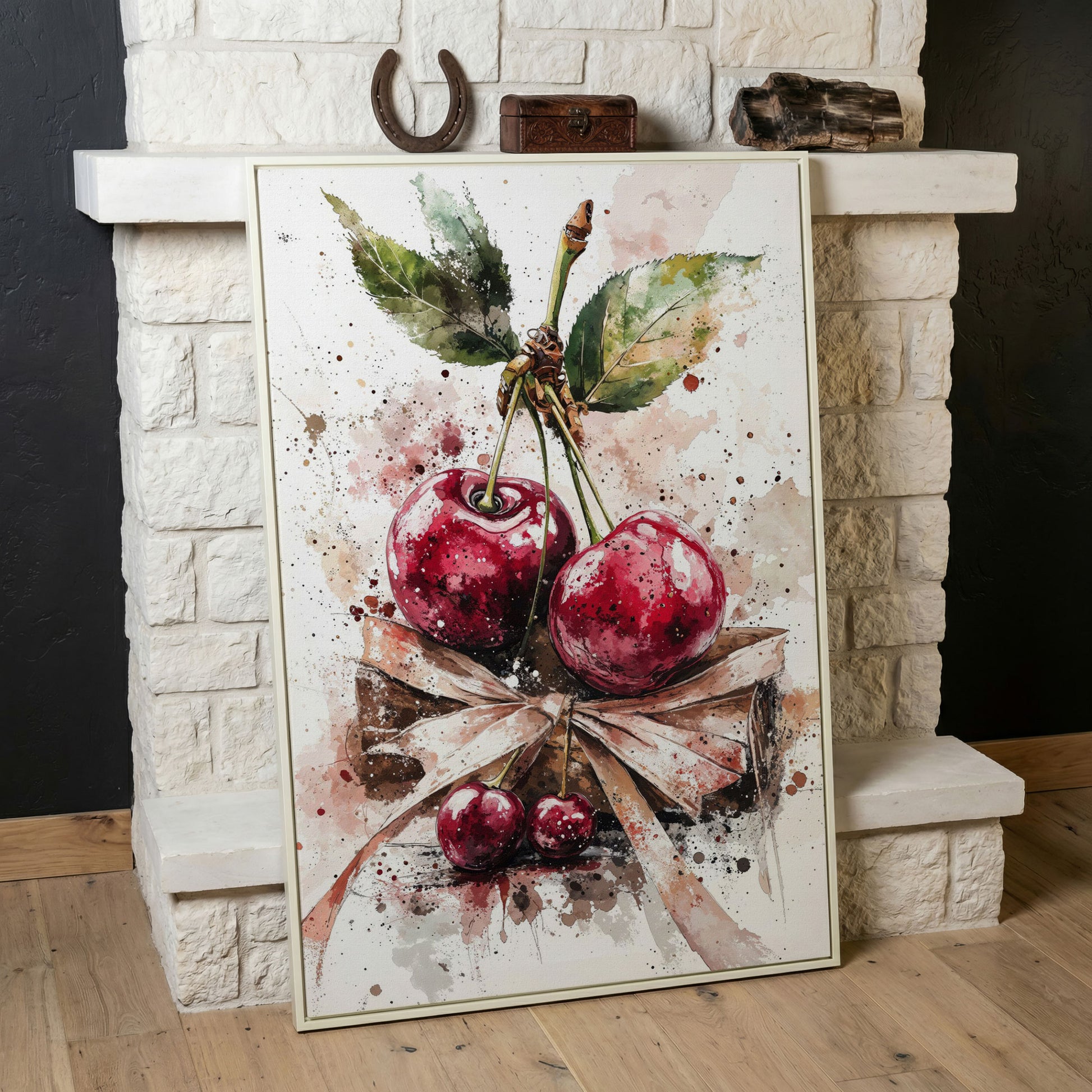 Cherry Cluster Watercolor Canvas in white floating frame