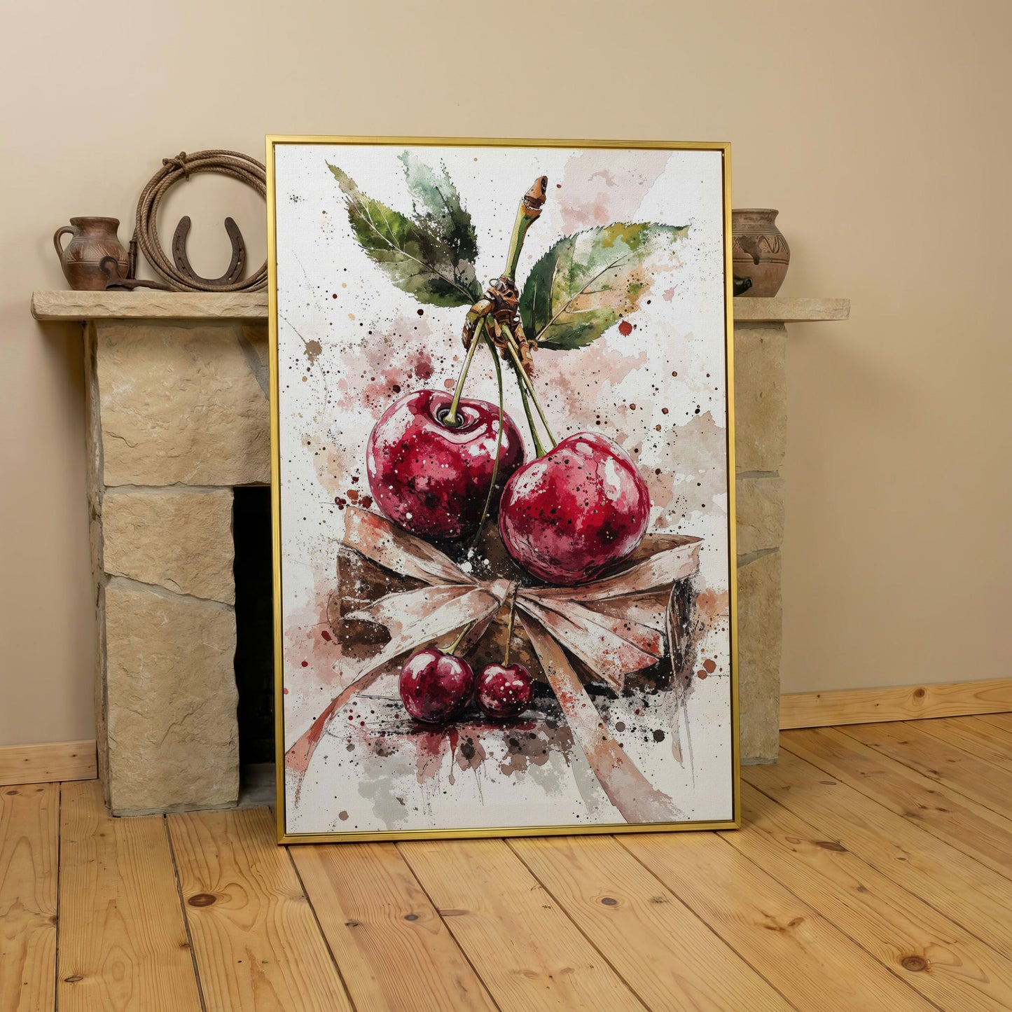 Cherry Cluster Watercolor Canvas in yellow gold floating frame