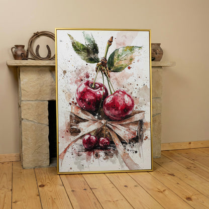 Cherry Cluster Watercolor Canvas in yellow gold floating frame