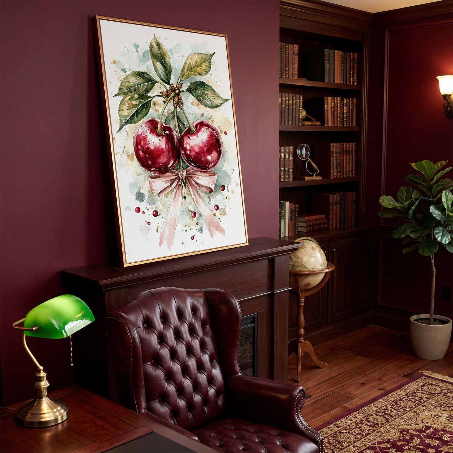 Cherry Watercolor Canvas Print with Pink Bow in antique gold floating frame