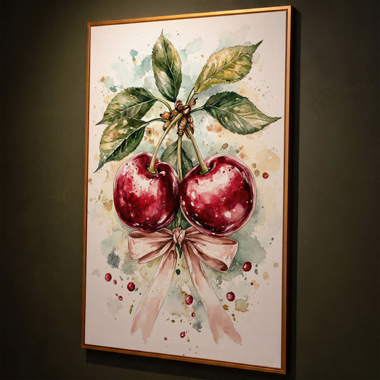 Cherry Watercolor Canvas Print with Pink Bow shown in antique gold floating frame