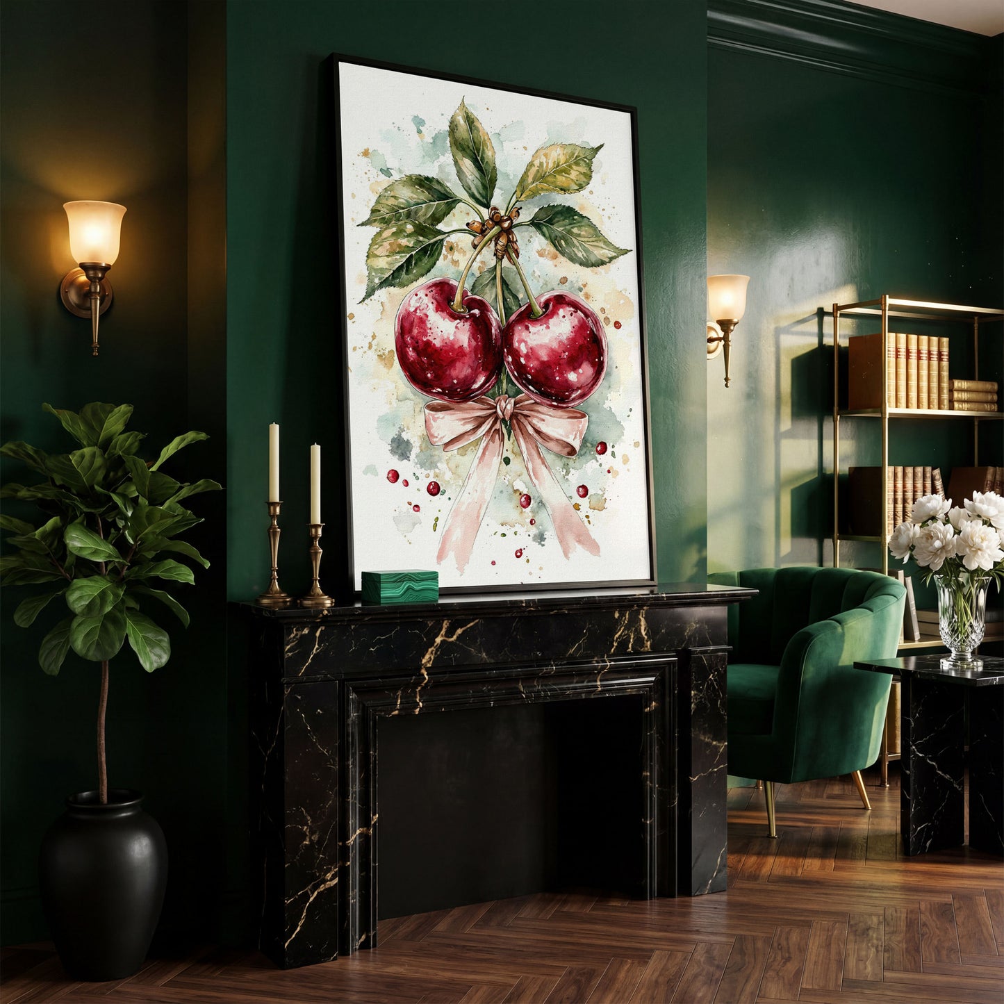 Cherry Watercolor Canvas Print with Pink Bow in black floating frame