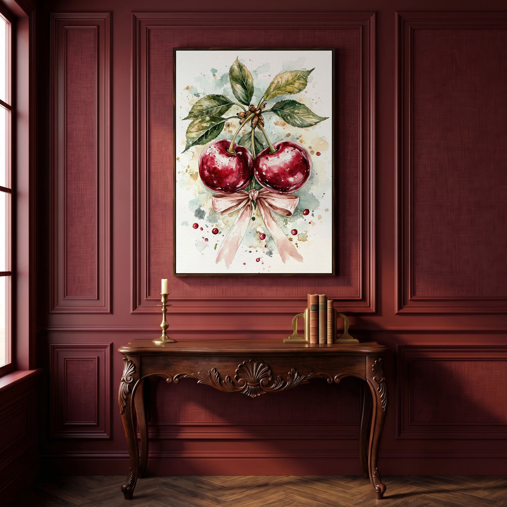 Cherry Watercolor Canvas Print with Pink Bow in dark walnut floating frame
