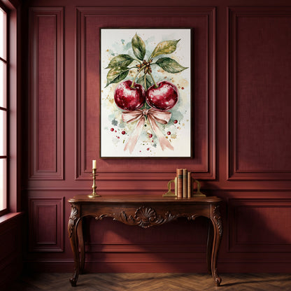 Cherry Watercolor Canvas Print with Pink Bow in dark walnut floating frame
