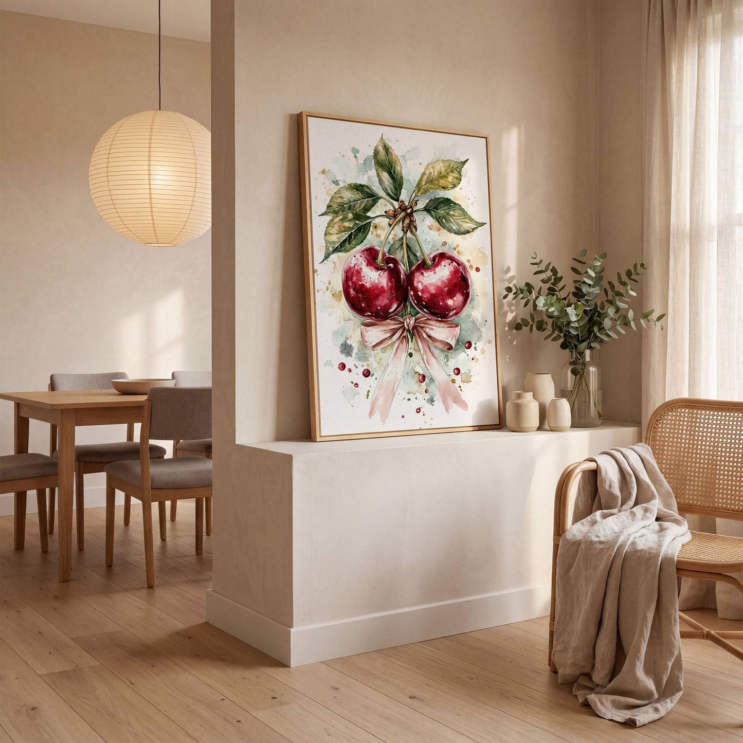 Cherry Watercolor Canvas Print with Pink Bow in white oak floating frame