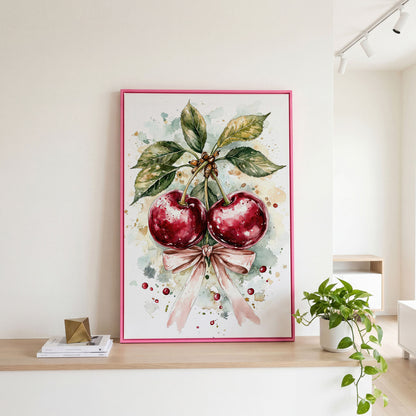 Cherry Watercolor Canvas Print with Pink Bow in pink floating frame
