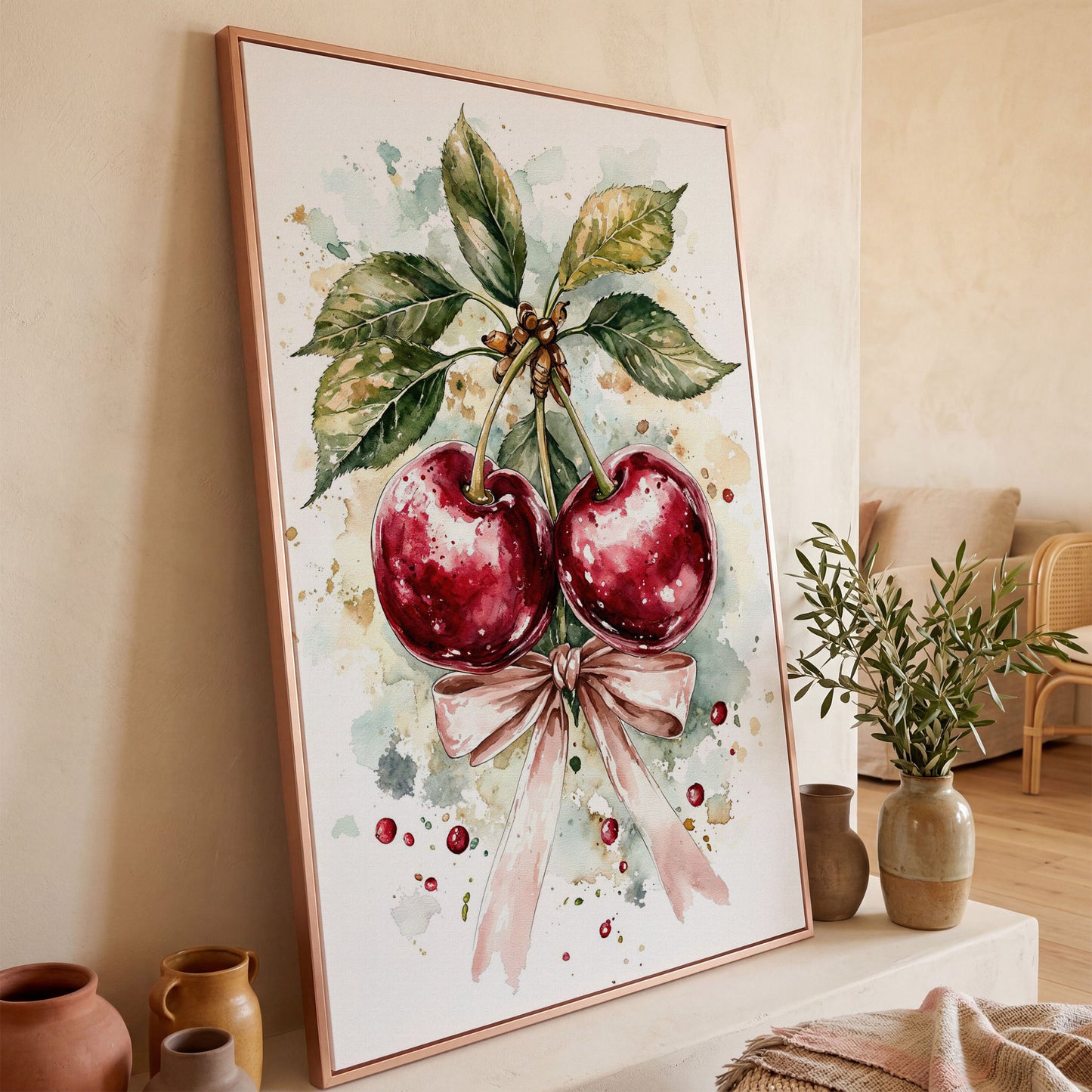 Cherry Watercolor Canvas Print with Pink Bow in rose gold floating frame