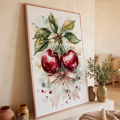 Cherry Watercolor Canvas Print with Pink Bow in rose gold floating frame