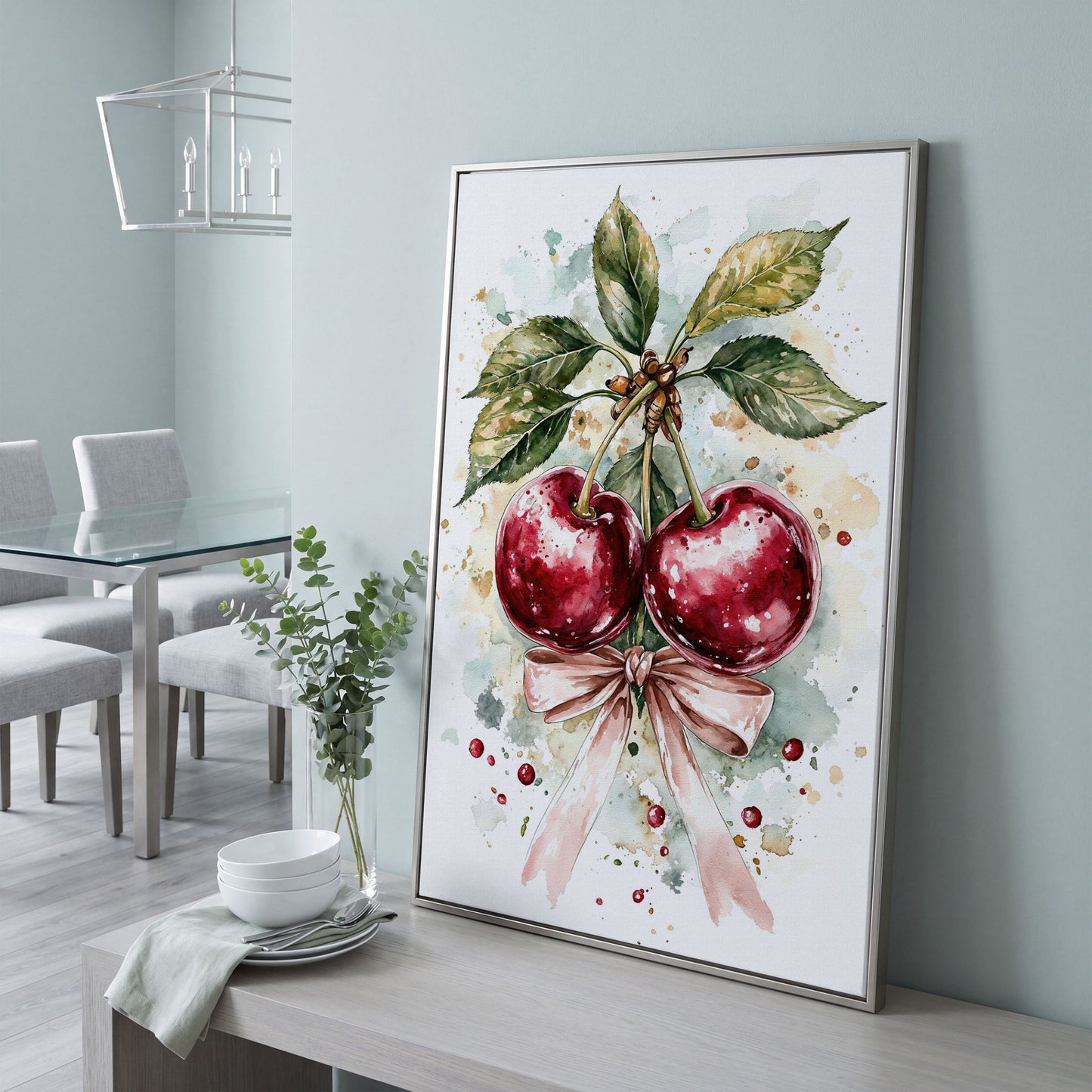 Cherry Watercolor Canvas Print with Pink Bow in silver floating frame