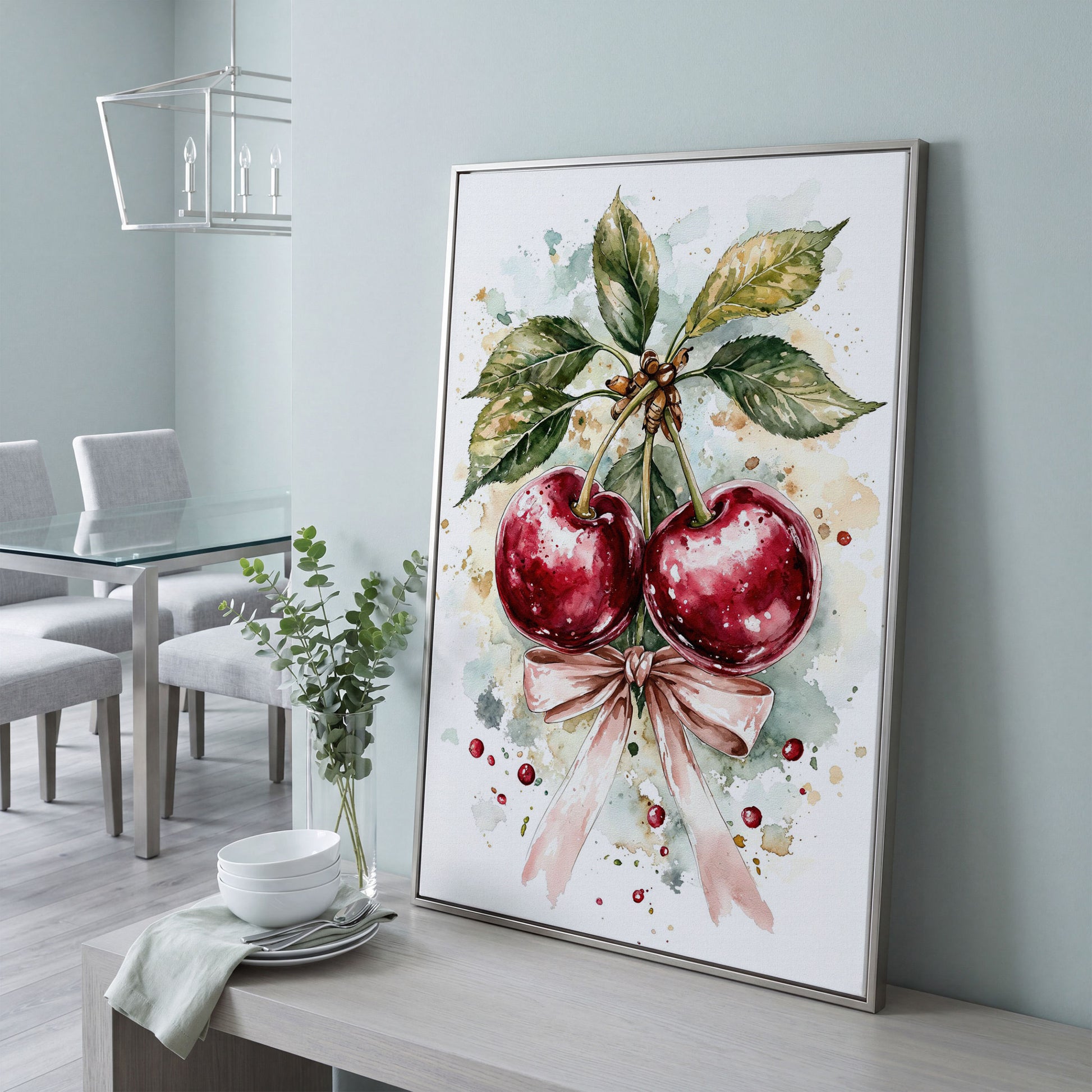 Cherry Watercolor Canvas Print with Pink Bow in silver floating frame