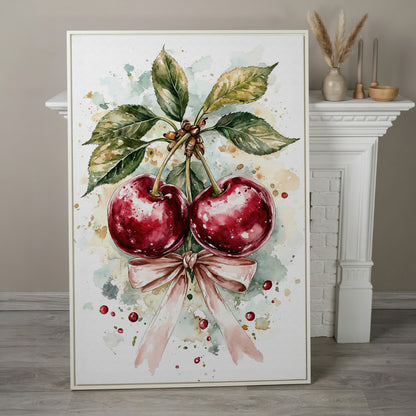 Cherry Watercolor Canvas Print with Pink Bow in white floating frame