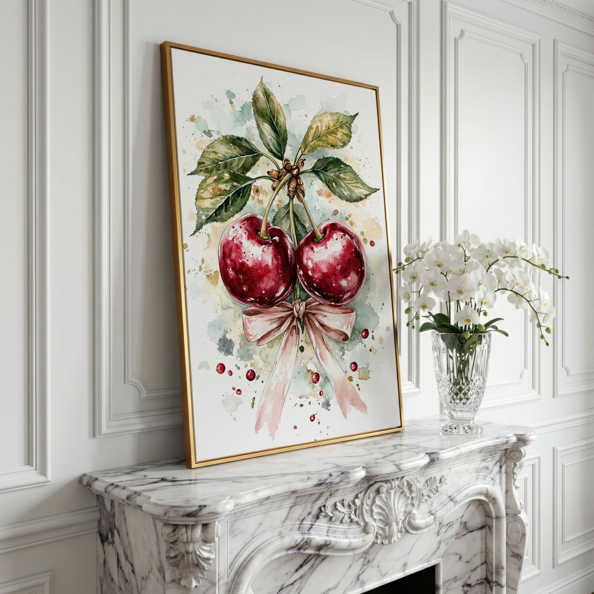 Cherry Watercolor Canvas Print with Pink Bow in yellow gold floating frame